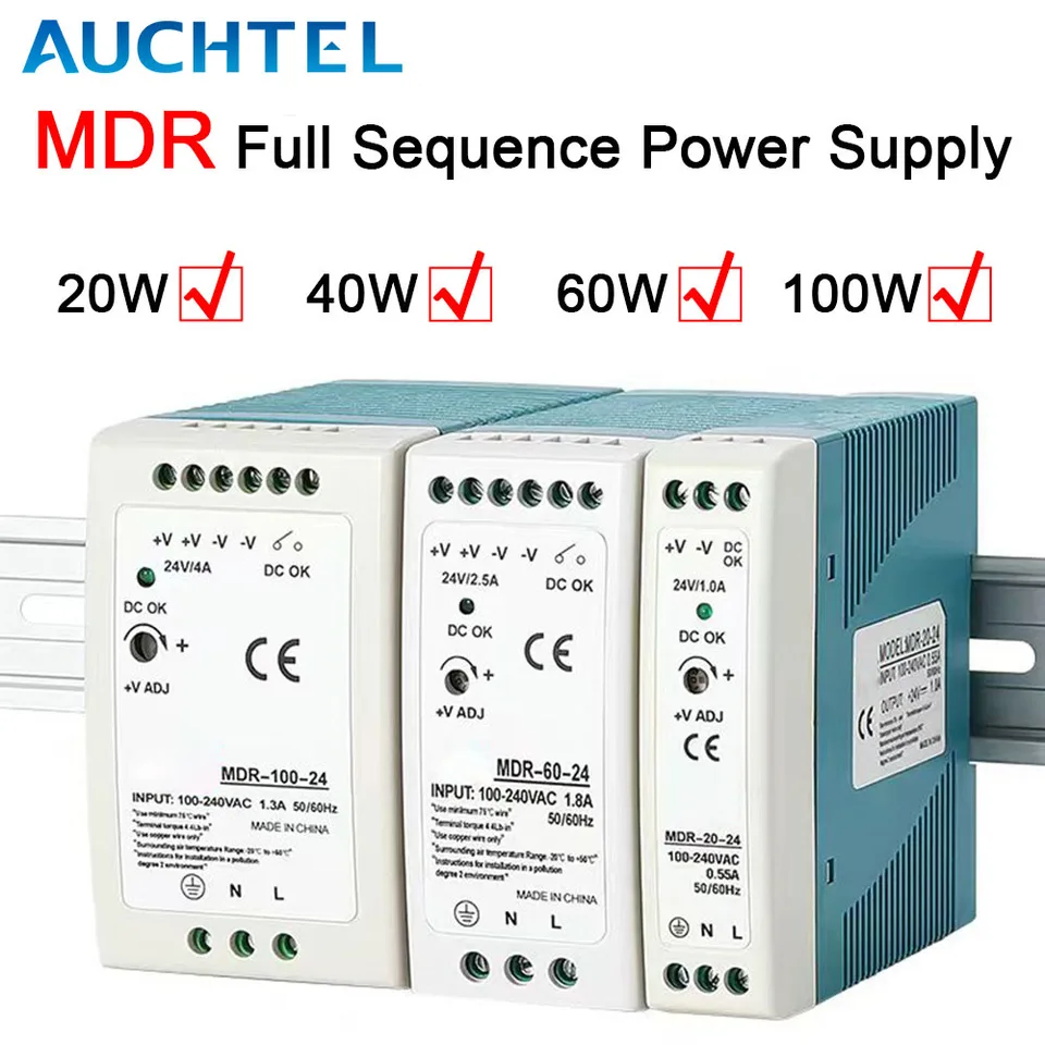 5V 12V 24V 48V Power MDR-20W 60W 100W Industrial Mini AC/DC DIN Rail Nawer Dormovisd Switch Single Output Switching