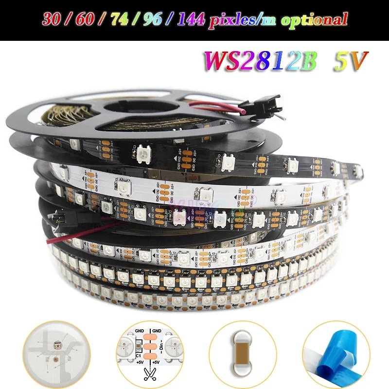5V DC Individuálne adresovateľné WS2812B LED pásová páska 30/60/74/96/144 Pixely/M WS2812 Flexibilné 5050 RGB Light Bar IP30/65/67
