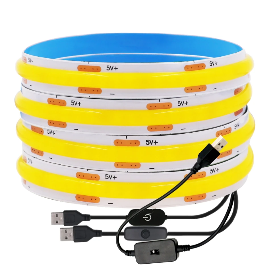 5V USB COB LED pásik s 2pin drôtom DC Zátka 320LEDS/M Lineárna dojateľná páska Ribbon Tape Domov šatníka kuchyňa DIY TV zrkadlo