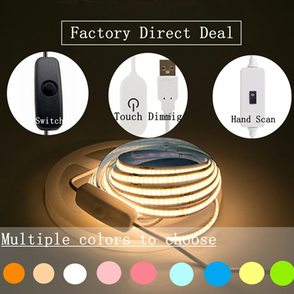 5V Viacfarebný prepínač USB LED pásik LIGHT COB COB Touch Senzor Stlmiteľná lampa TV TV zrkadlo Zrkadlo Kuchynská izba Nočné osvetlenie