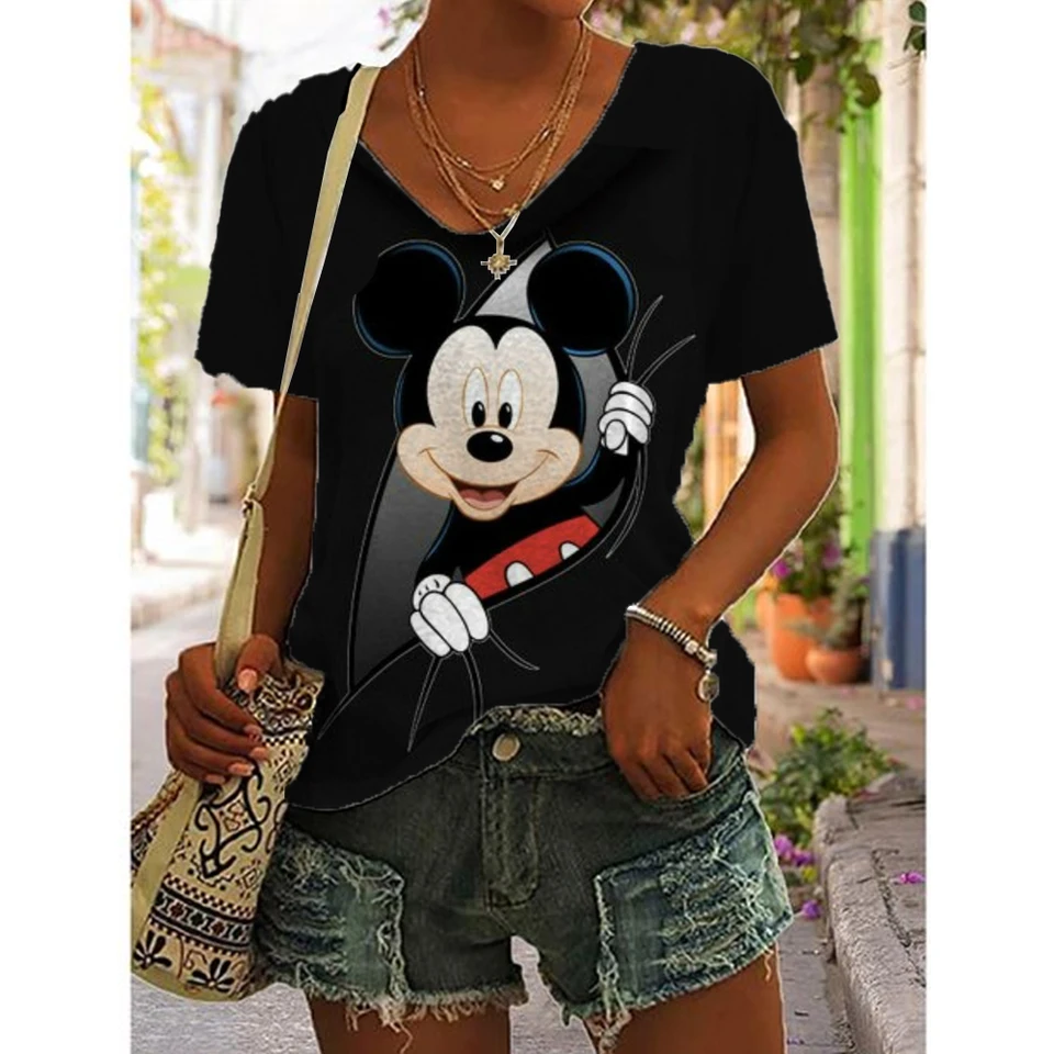5xl dámske topy Tops Casy krátke rukávy V-krk voľný tričko Ženy 3D Disney Minnie Mickey Mouse Summer Tees Nové priedušné oblečenie