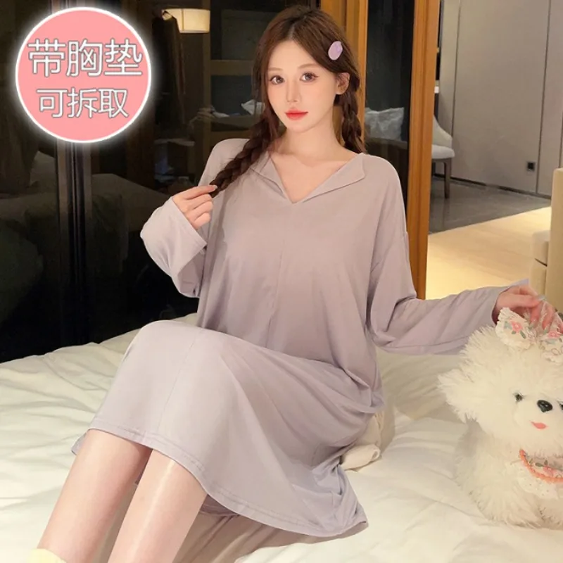 5xl plus veľkosť jesenné zimné modálne pyžamy dámske dámske jednoduché nočné košele s hrudnými podložkami s dlhým rukávom Loungewear Domáce oblečenie