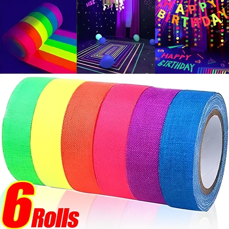 6/1 rolls UV reaktívna páska Blacklight Fluorescenčná páska Self-plesne žiara v tmavom neónovom gafferovom dekorácii doplnkov