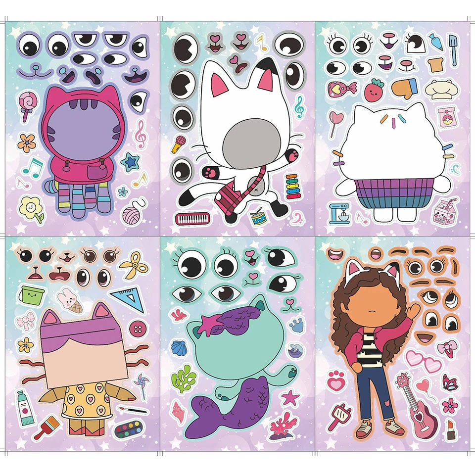 6/12 listov Gabby's Dollouse Make A Feare Puzzle Stickers Deti si robte vlastnú domácu hru deti Karikatúra Jigsaw Education Hračky darček