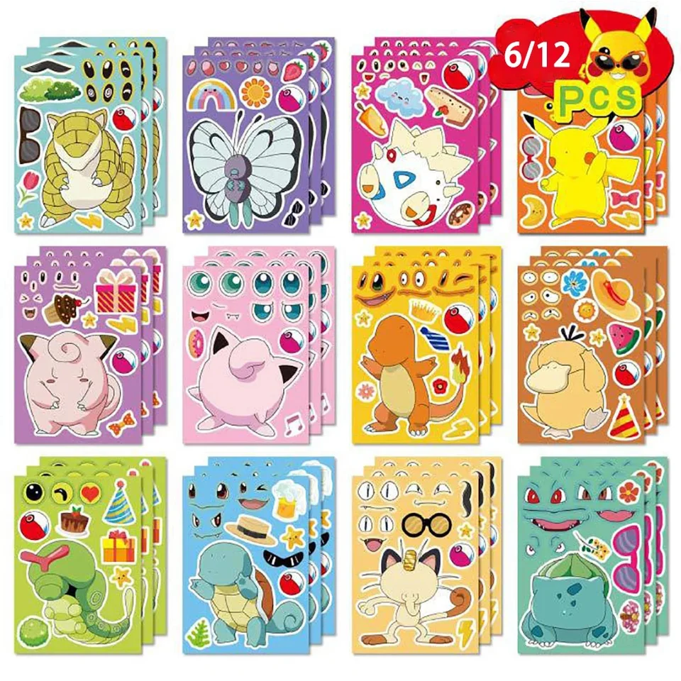 6/12 listov Pokémon pre deti puzzle anime nálepky Make-a-Face Zostavujú vtipnú karikatúru Zostavte