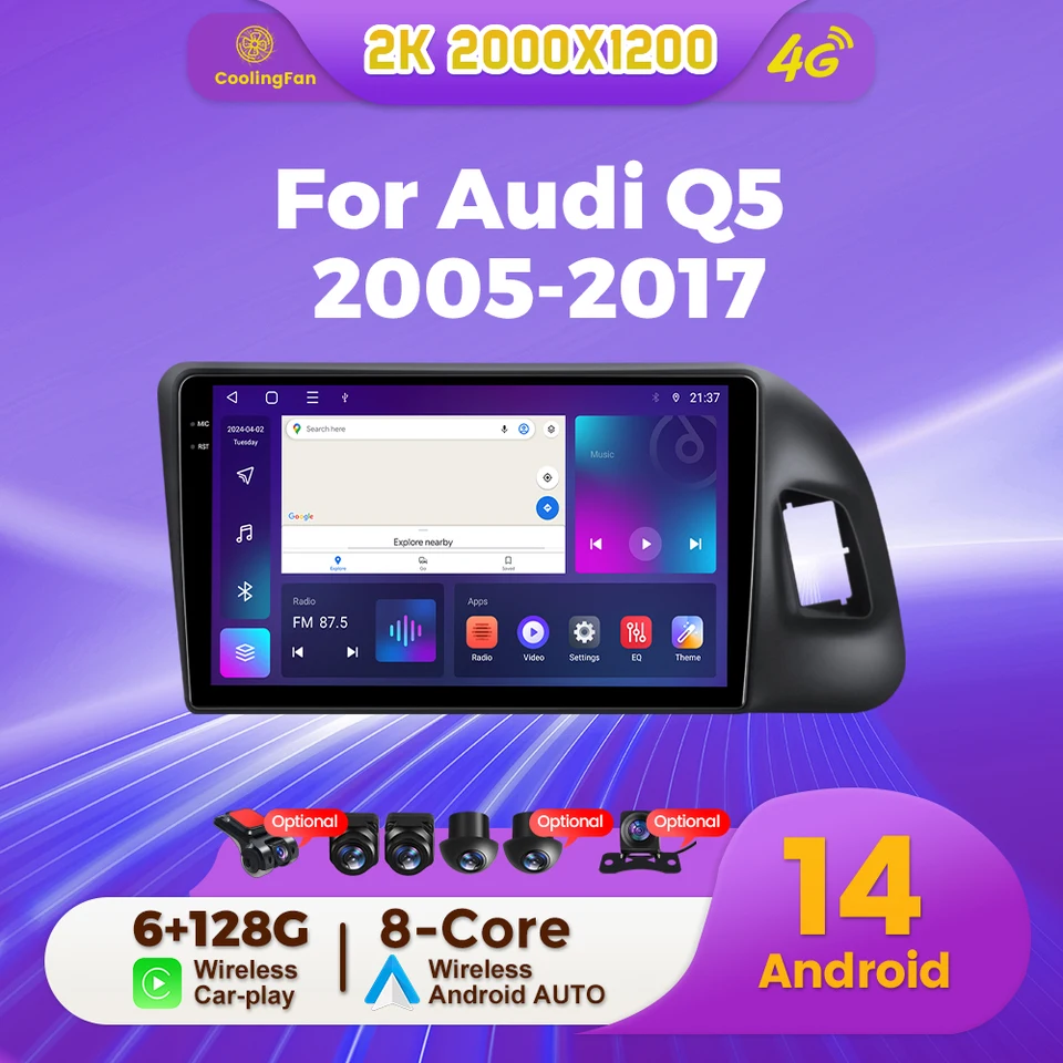 6+128G Android 14 Car Radio pre Audi Q5 2005-2017 2K QLED Screen Multimedia Video Player 2Din Stereo GPS Navi Audio CarPlay Auto