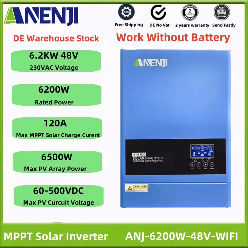6,2 kW 48V Hybridný slnečný invertor Pure Sine Wave 230VAC na mriežke PV 60-500VDC Vstavaný regulátor solárneho náboja 120A MPPT