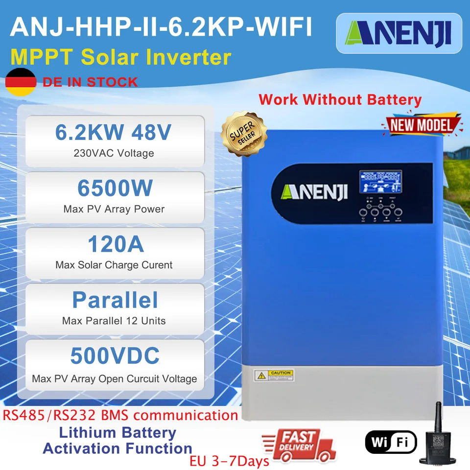 6,2 kW Paralelný hybridný solárny invertor 48V Pure Sine Off Grid kravata 230V MPPT Solar Inverter 120a Carker Controller PV 60-500V WiFi