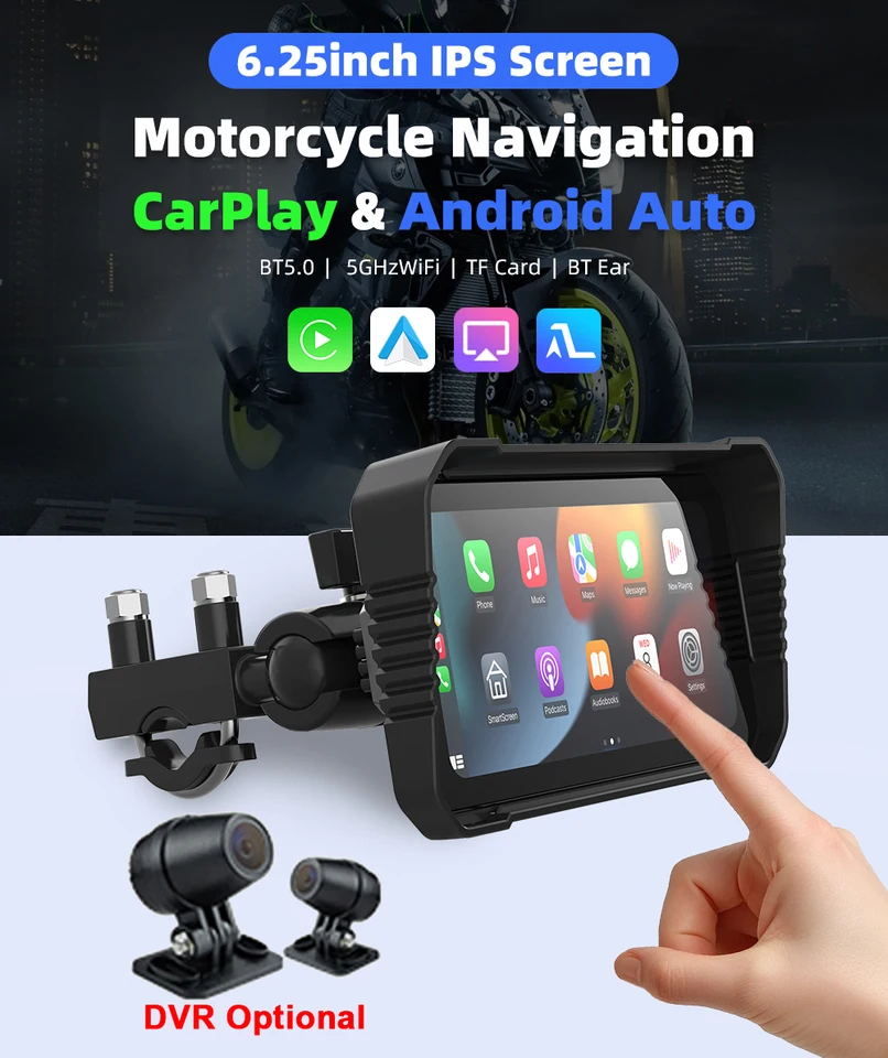 6,25 palca Motocyklový bezdrôtový CarPlay a Android Auto Monitor IP67 nepremokavá dotyková obrazovka podporuje fotoaparát GPS GPS pre DVR Recorder