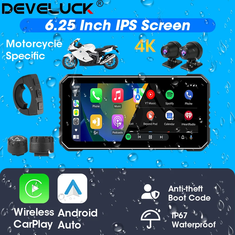 6,25 palca prenosný GPS navigačný motocykel nepremokavý displej bezdrôtového carPlay Android Auto 4K+1080p Dual DVR Monitor Dash Dash Cam