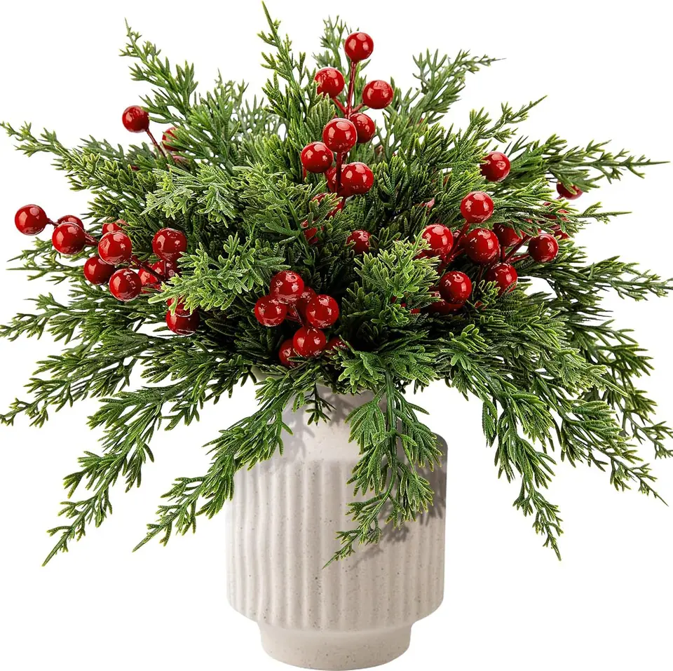 6/2ks vianočné umelecké borovicové vetvy faux evergreen Norfolk Pine Cypress Listy Stonky falošné pre domácich majstrov