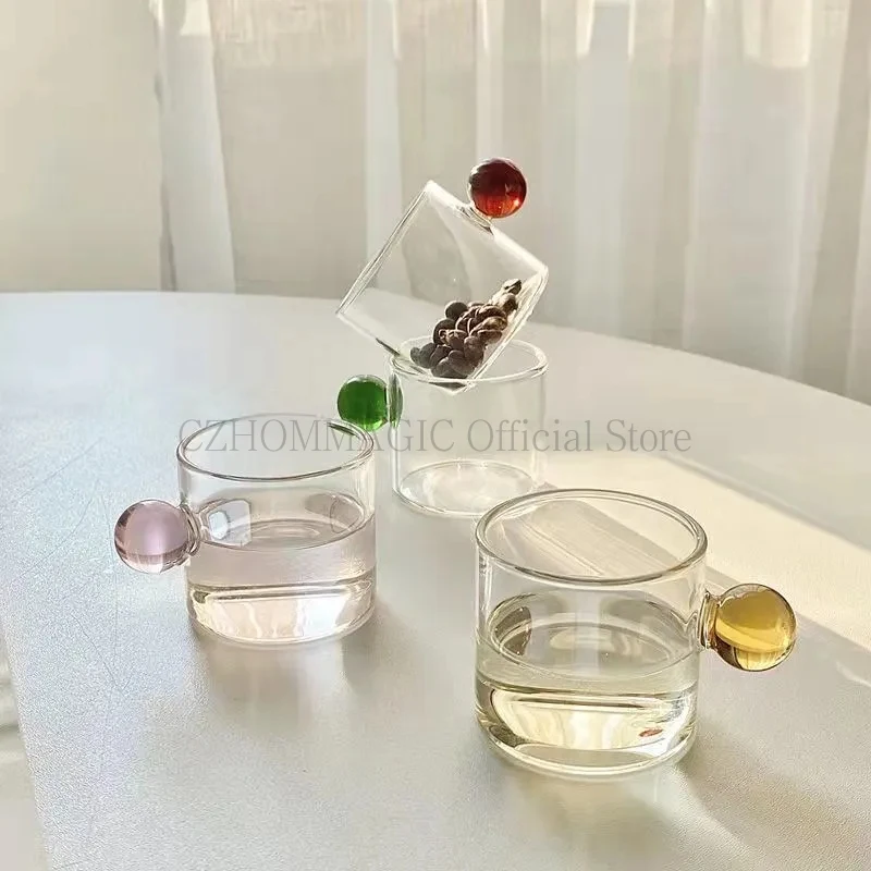 6/4/2ks kávu šálka guľôčkovej rukoväte Farba espressa Malý sklenený šálka domáceho čaju šťavu mlieko Voda šálky pohárik Nordiká