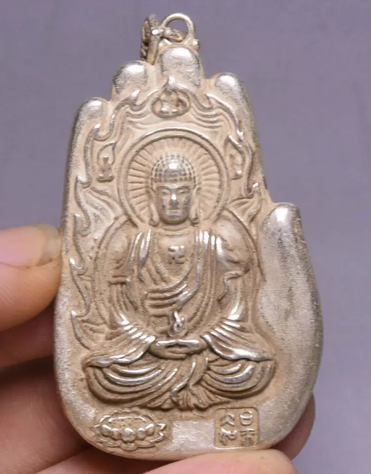 6,5 cm starý Tibet Silver Shakyamuni Amitabha Buddha Slová Bergamot Amulet Amulet Pendant