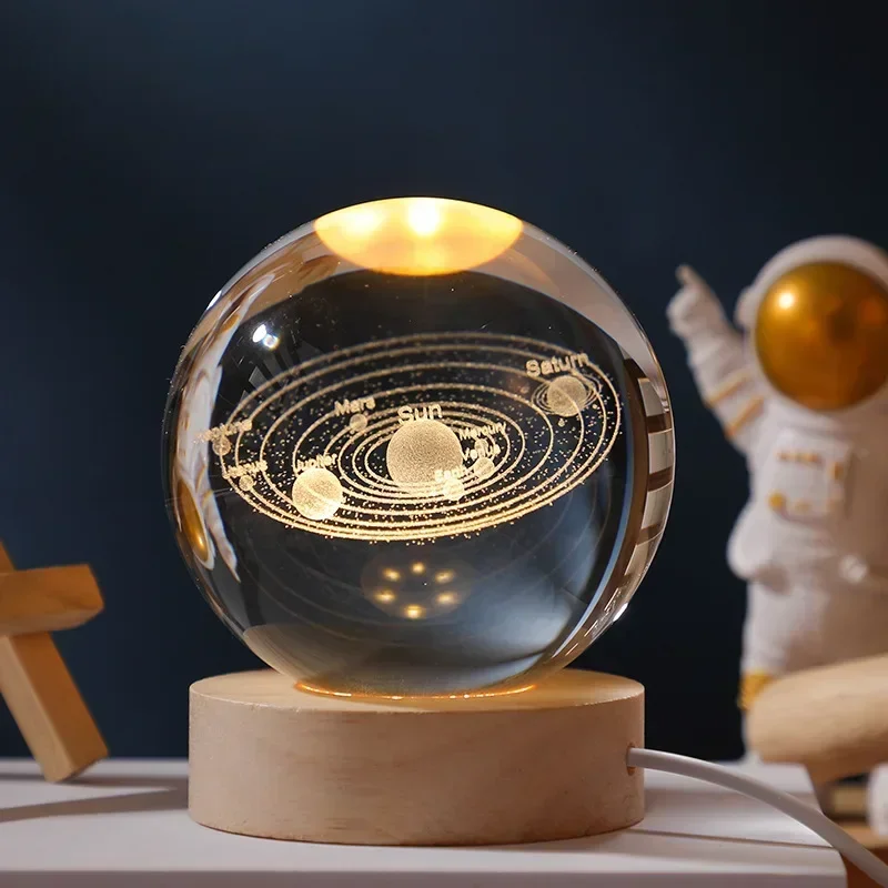6/8 cm 3D Crystal Ball Planet Night Light Laser Egraved Solar System Globe Astronomy Festival Gift