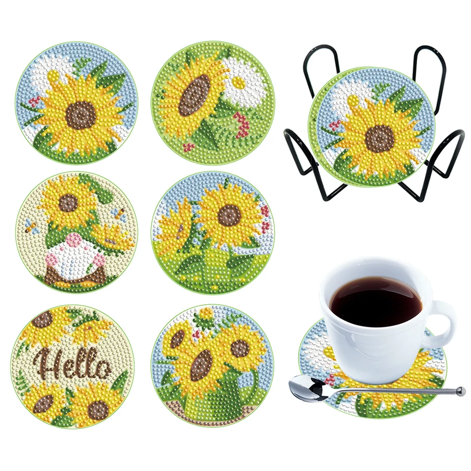6/8ks drevené diamantové maľby Coasters s držiakom GNOME Diamond Art Coaster súprav