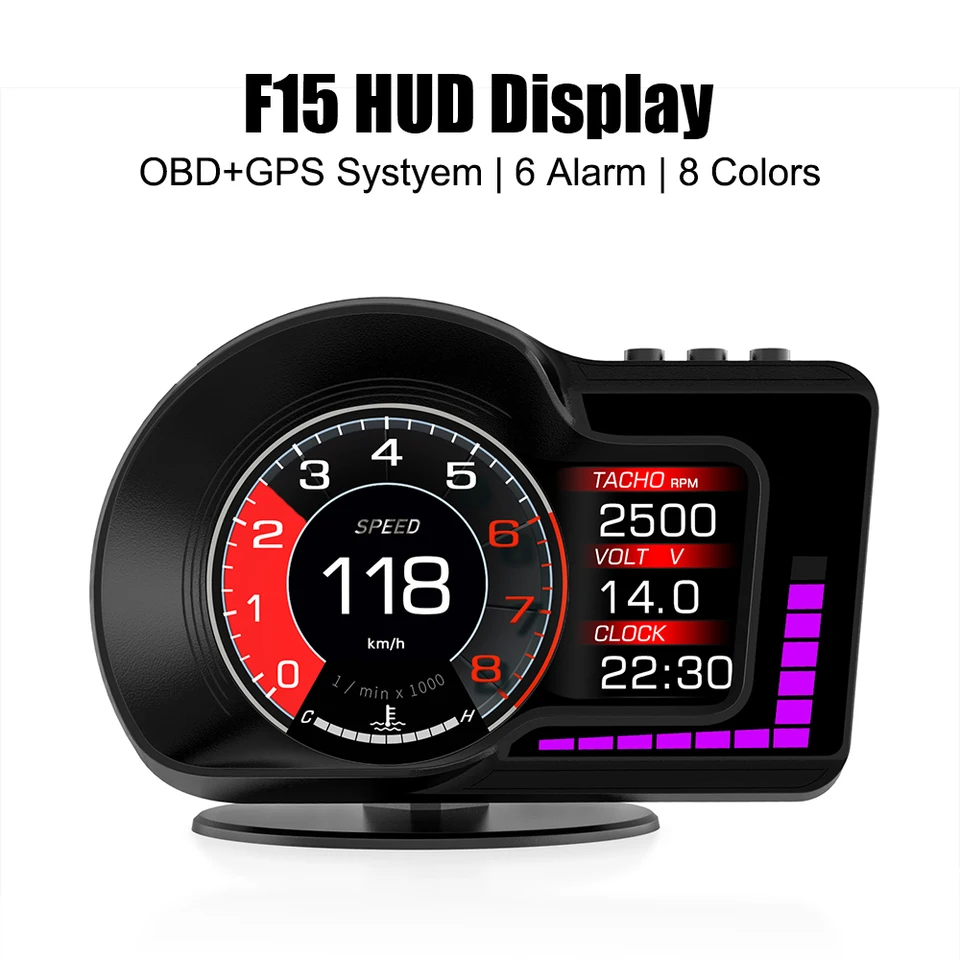 6 Alarm funkcie rýchlomer zrýchlený test Test Miometer hlava vozidla nahor Zobrazenie RPM OBRUS HUD F15 OBD GPS duálny systém