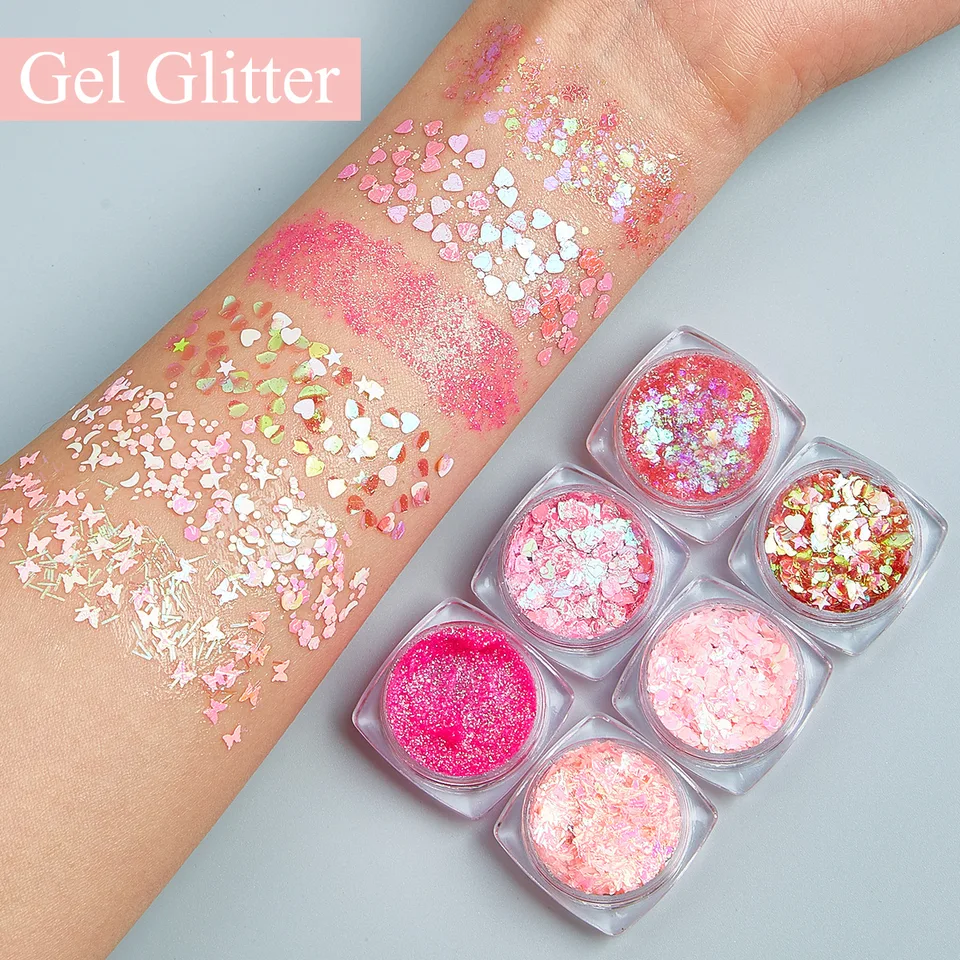 6 farebných set trblietavých očných tieňov Paleta Fialové flitry Pigment Pigment Kryštál bahno žiariace oči make -up vodotesné trvalé trvalé