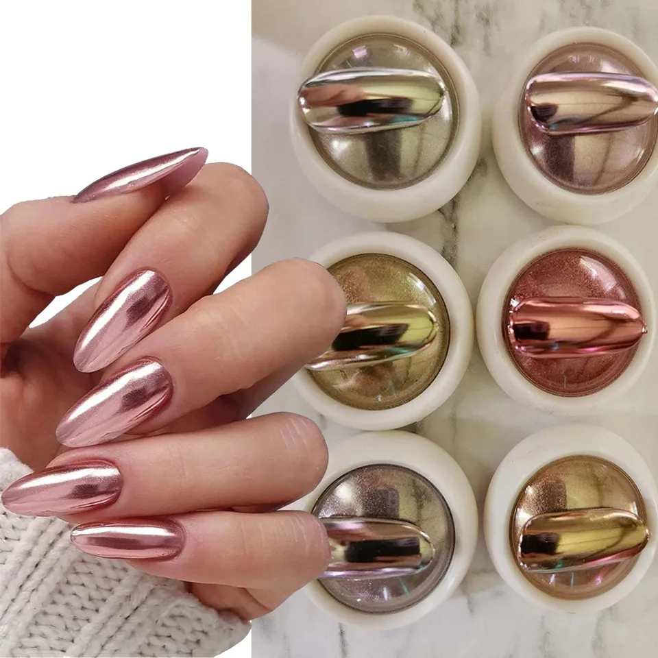 6 farieb kovové zrkadlo chrómový nechtový prášok ružové zlato Champagne nechtový prášok Holografický pigment chameleónové trblietky manikúrové prach