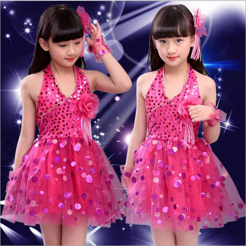 6 farieb Veil Girl Latin Dancewear Deti Flikin Latinské šaty Študenti kvetina moderné pódium tanečné kostýmy Veľkosť 100-150 cm