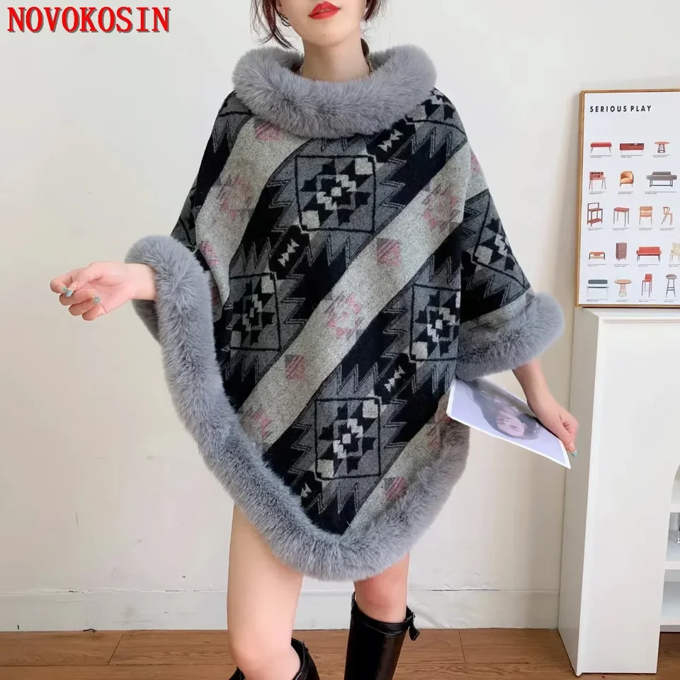 6 farieb ženské nové voľné streetwear tlačené Poncho Cloak Zimné zamatové zamat Where O krk faux králičie kožušinové dám