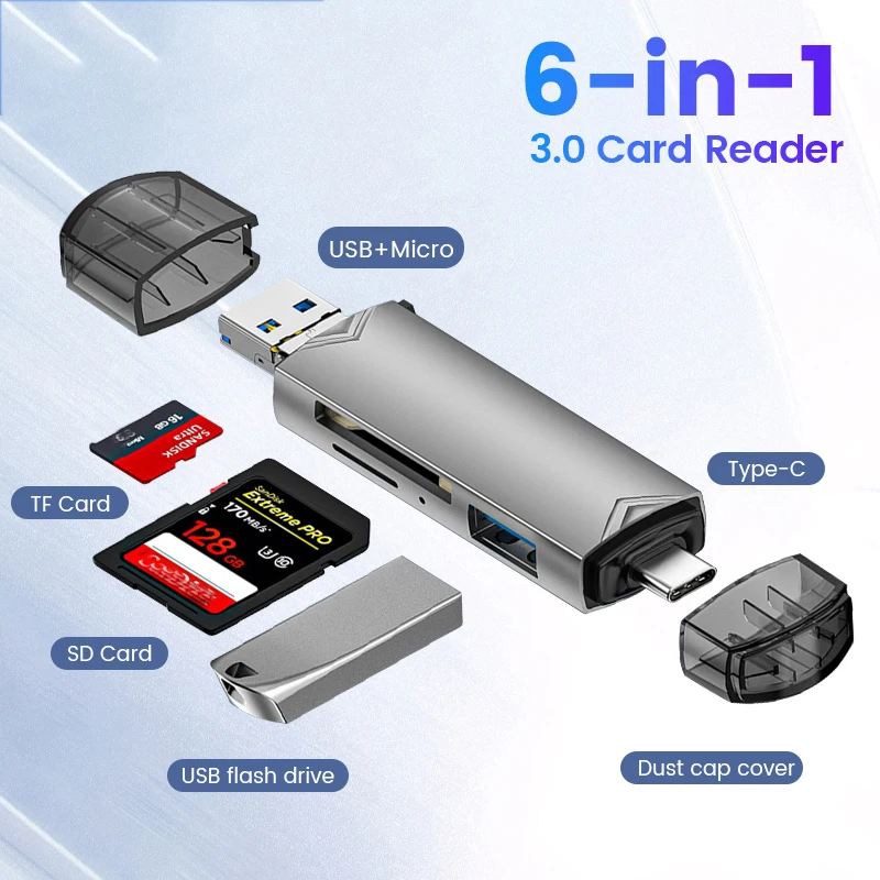 6 in 1 čítačka kariet USB3.0 na typ C Micro Universal OTG Adaptér Multifunkčný adaptér SD TF vysokorýchlostná prevodovka