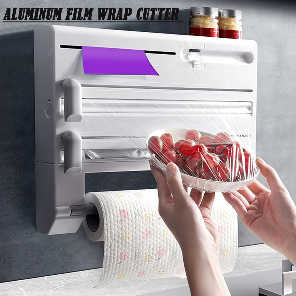 6 IN1 Kuchynský zábal Dispenser Foil a Plast Wrap Organizátor s držiakmi na stenu namontovaný na stenu Film Wrap DispenSer Easy Inštalácia