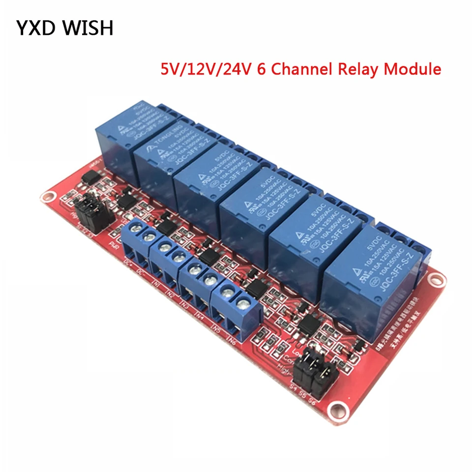 6 -kanálový reléový modul 5V 12V 24 V vysoký a nízka úroveň regulácie spúšťača relé s OptoCoupler 6 Way Relays relé DC 5 V 12 V 24 V Volt