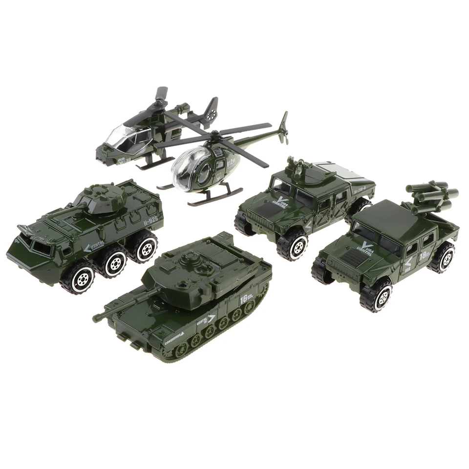6 kovových vojenských modelov kovových vojenských vozidiel, 1/87 Mini Diecast Army Army Hračky sada helikoptéry Tank Jeep Armored Car for Kids Boys