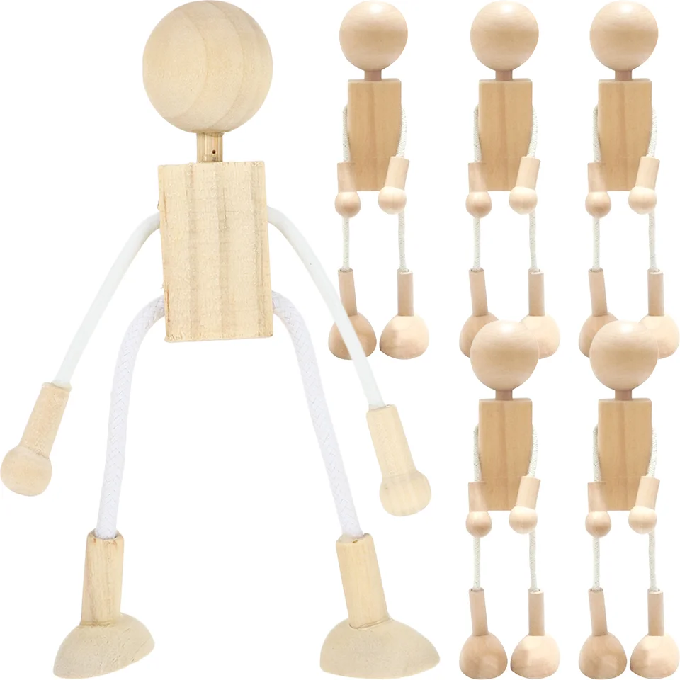 6 ks Drevená karikatúra hračiek pre dekorácie robotov remeslá remeslá DIY Dolls Playthings Malé hračky House Model nechtov nedokončený