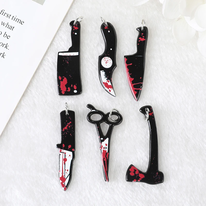 6 ks gotický krvavý nôž kúzla Nožnice sekera Krv Akrylová halloweenská zbraň Tvar Židovských nálezov pre náušnice DIY