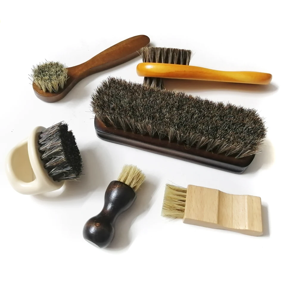 6 ks Set Horse Hair Pig Bristle Shoe Brush, Olejový lesklý náradie, Strievne semišové kožušiny, číre kožené topánky popol