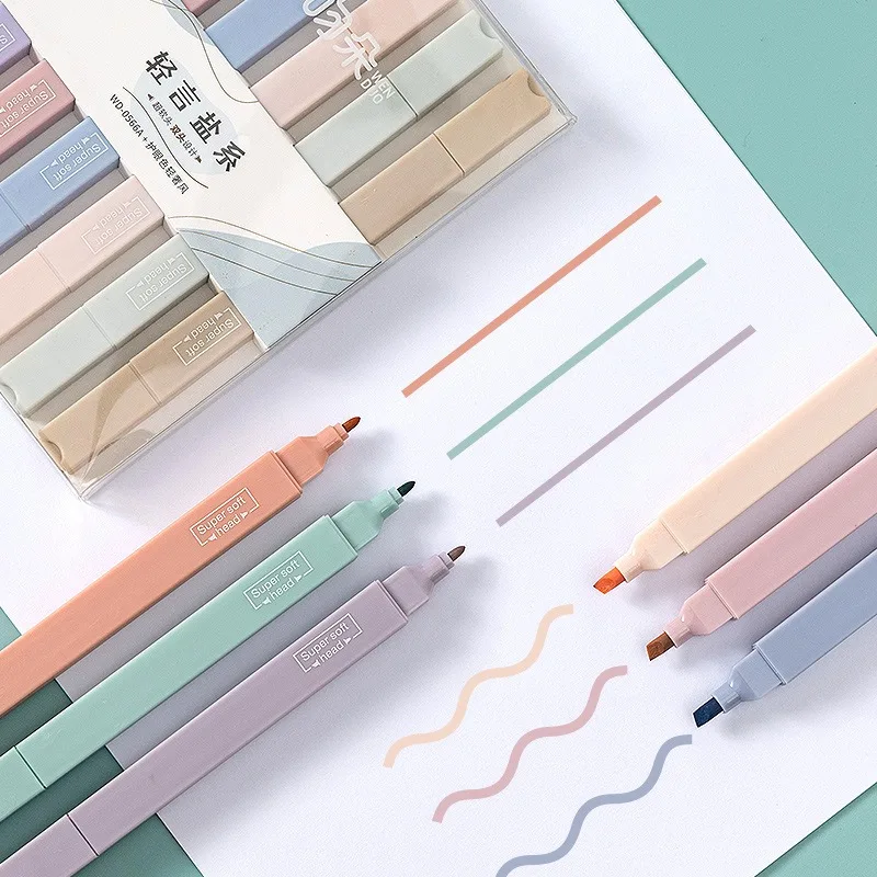 6 ks/set zvýrazňovacia pero kawaii dvojité hlavy Candy Farebné značky Rýchle suché resaltadores farebné pastelové školské potreby kancelárske potreby