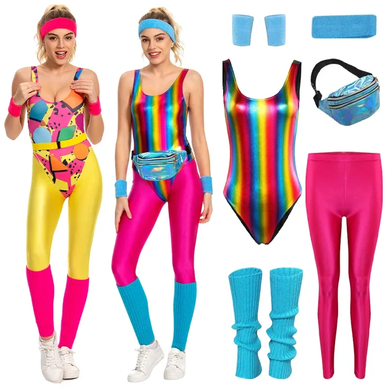 6 ks/set žien 80. rokov 90. rokov legging cosplay kostým Sportswear čelenka sada halloween karnevalových oblek pre maskovanie žien pre dospelých