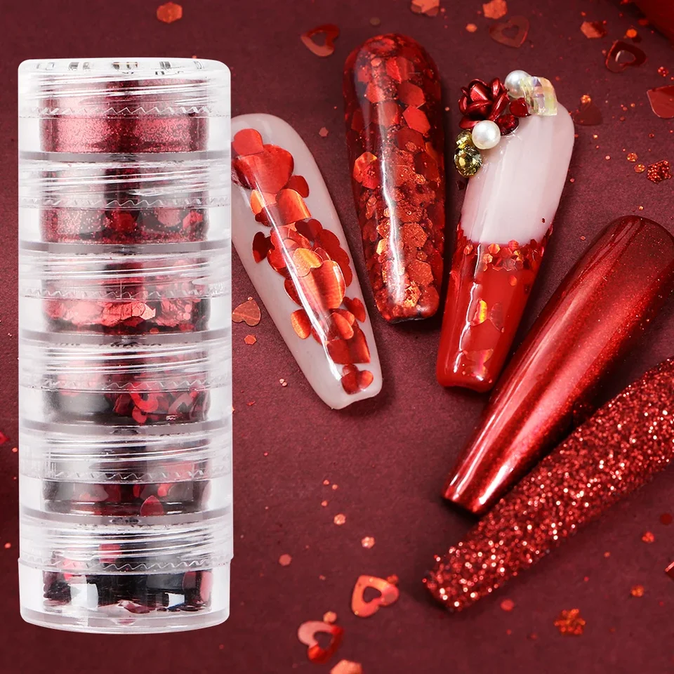 6 ks Valentínsky nechtový prášok Love Heart Flitre na nechty dekorácie Sparkly šesťuholníkov