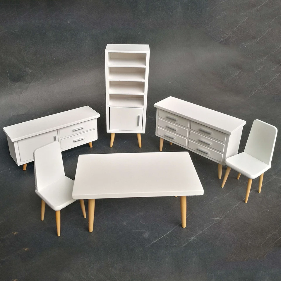 6 kusov Miniatúrny nábytok Obývacia izba Súprava 1/12 Dollouse Biely stolík Stolička Displejová skrinka Low Cabinet Model