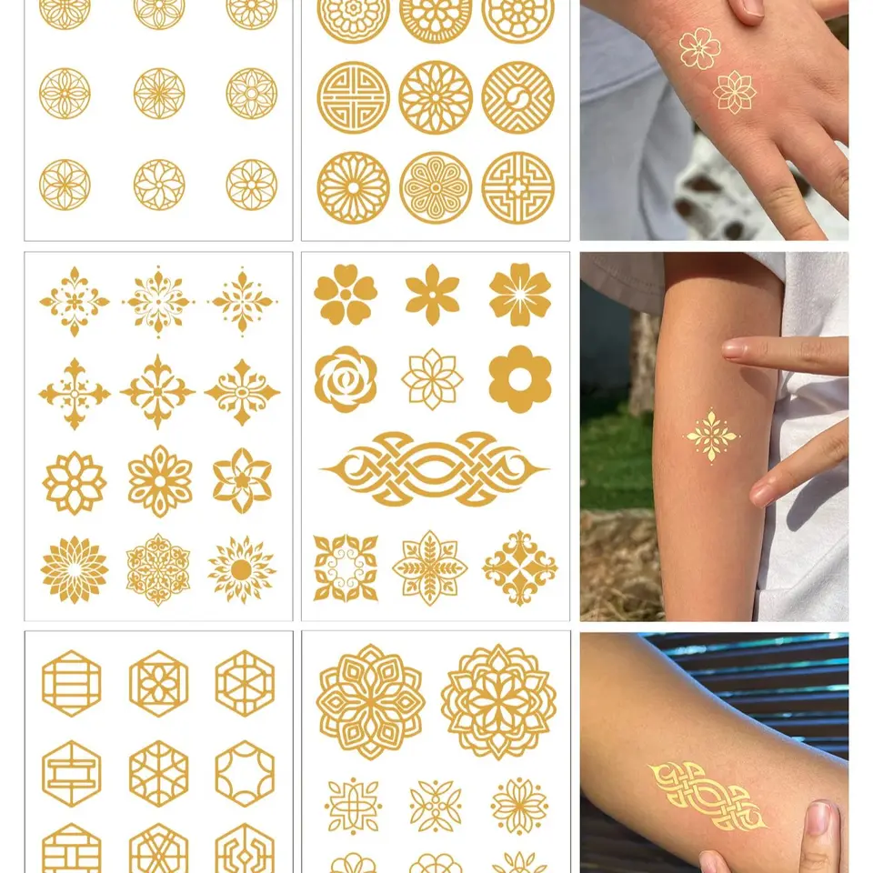 6 listov boho metalické zlato dočasné tetovacie večierky Art Art Art Fake Flash Tattoo Stickers Hollow Out Design Small Pattern Tatto