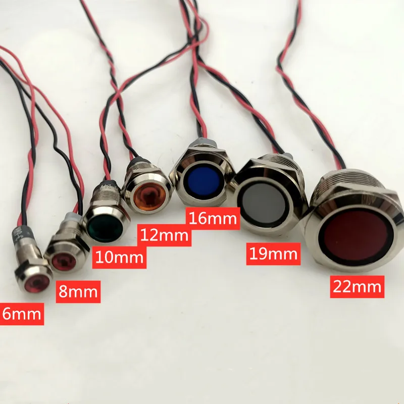 6 mm 8 mm 10 mm 12 mm 16 mm 19 mm 22 mm vodotesná IP67 kovová LED Výstraha LED Indikátor Light Signal Lamp Pilotný drôt 3-6V 12-24V 220V