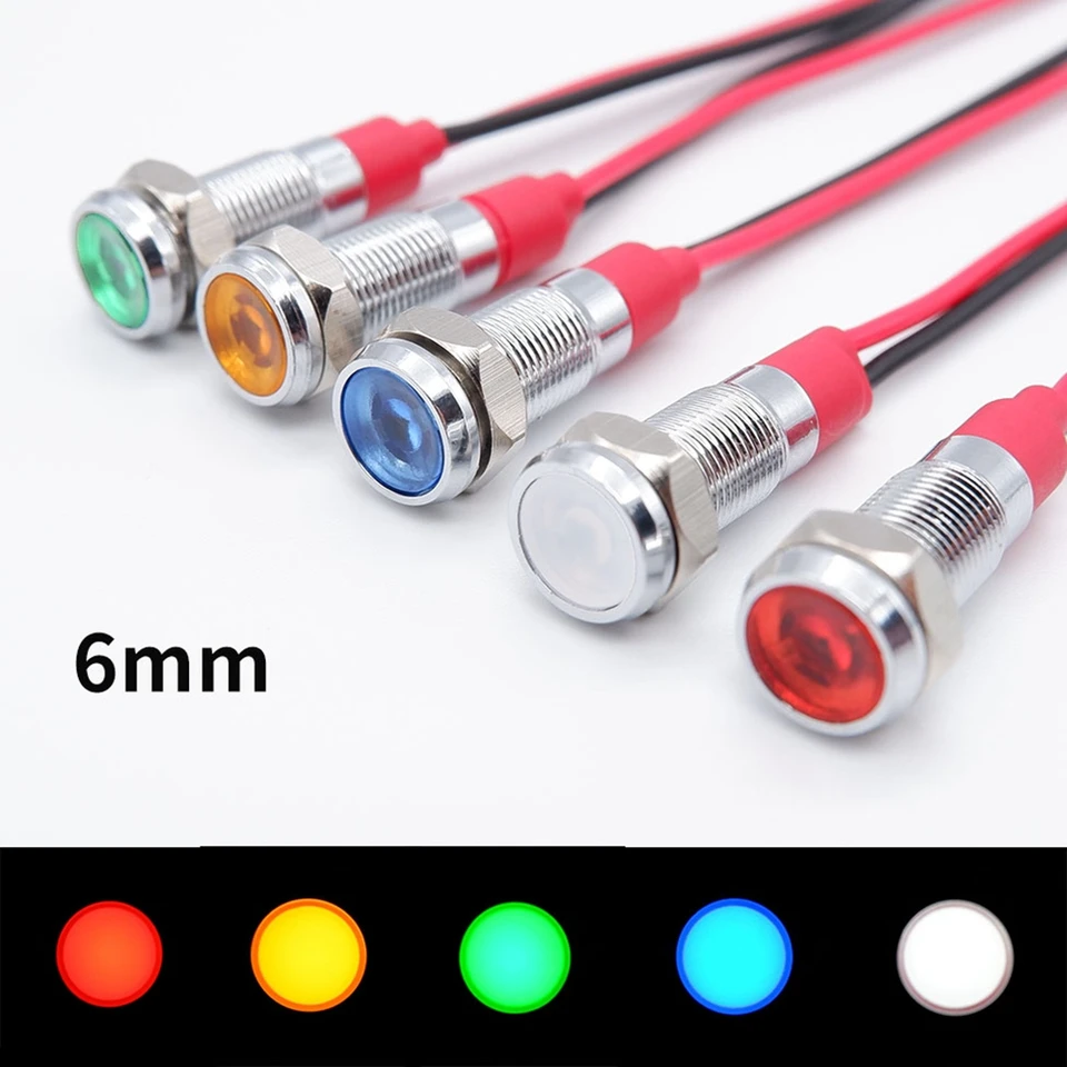 6 mm kovový indikátor LIGHT LED Výstražné signálne signálne vodiče Pilotné vodiče 3V 5V 12V 24V 220V Red Orange Blue Green White s drôtom