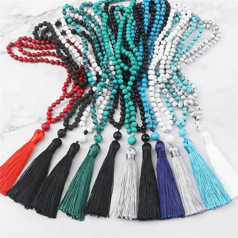 6 mm čierne lavové kamene náhrdelníky 108 korálky Prírodný borovicový kameň Mala Tassel Náhrdelník módne šperky pre ženy mužov Budhistické darčeky