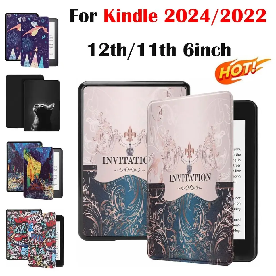 6-palcový kryt E-Reader Cover Kožené anti Scratch Folio Funda pre Kindle Basic 2024/2024 Vydané