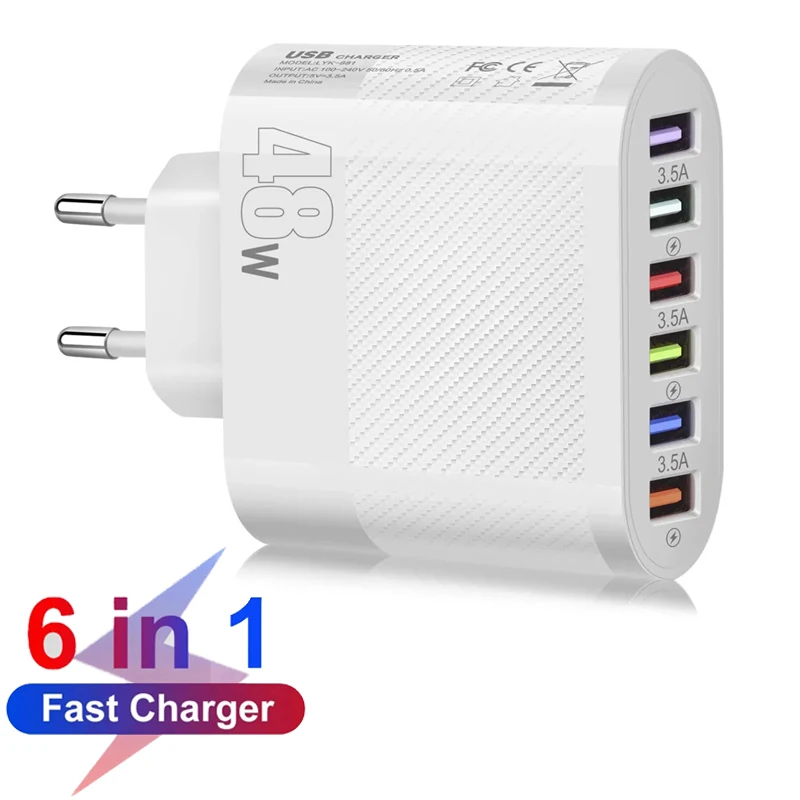 6 Port USB Charger PD 6 v 1 Adaptér nabíjačky mobilných telefónov s rýchlym nabíjaním pre mobilný telefón QC 3.0 Multi Ports Wall nabíjačka US/EÚ zástrčka