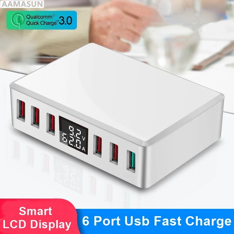 6 portov USB Charger QC 3.0 Rýchle nabíjanie Smart LCD Digital Display Display Multi-Port Travel Charger Station Quick Charge USB nabíjanie USB