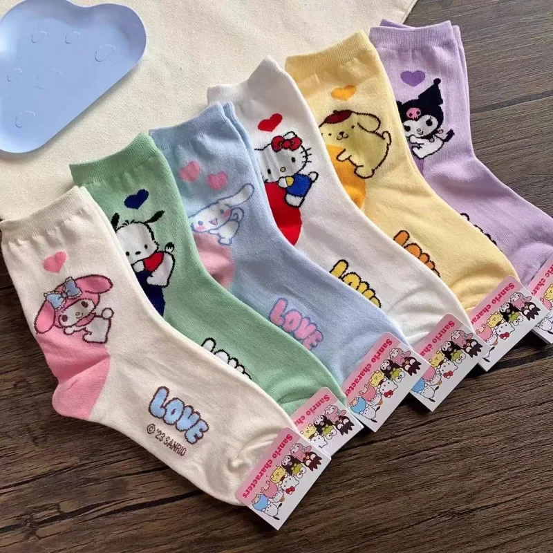 6 párov Sanrio Hello Kitty Kids ponožky Kuromi melody kawaii zimná karikatúra Ženy v polovici koralt ponožky bavlnené teplé pančuchy pre dievčatá