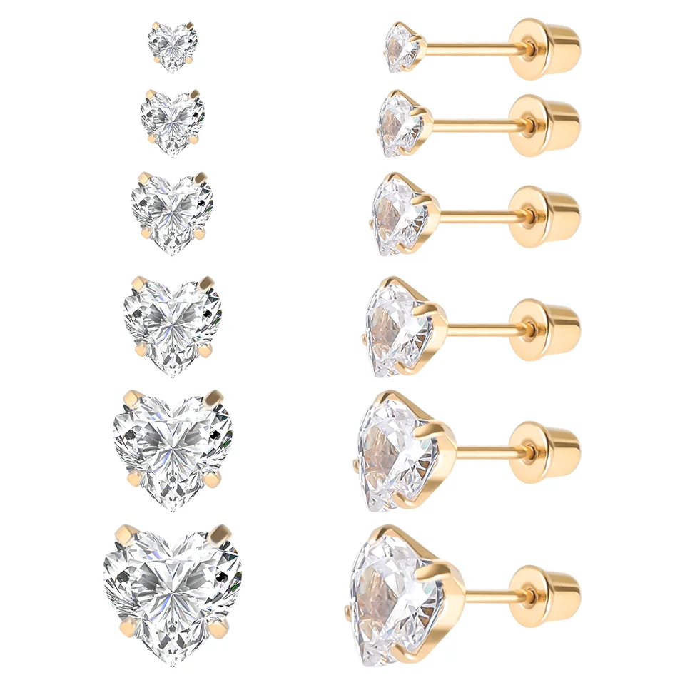 6 párov z nehrdzavejúcej ocele skrutkovacia náušnica, Zlatená srdcová hviezda Square Princess Cut Round Round Cubic Zirconia Cz Set Set