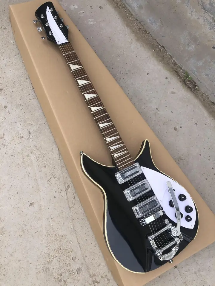 6 Strings Rick 350 Čierna gitara biele chránené viazanie Lulu, Temolos System Bridge 628 mm 3 Mini Humbucker Pickups