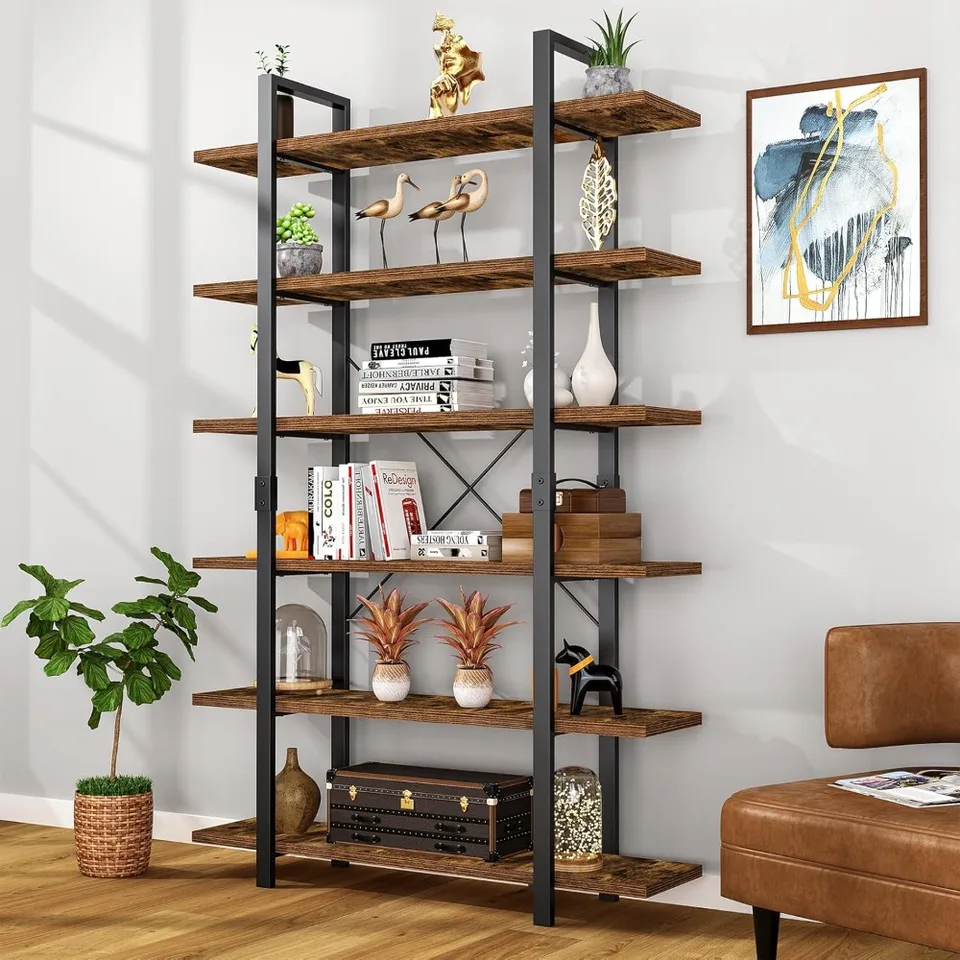 6 Tier Book polica 83inch vysoká knižnica, priemyselné veľké kníhkupectvá s rustikálnymi kníh s otvoreným kovovým rámom