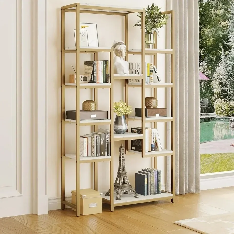 6 Tier Gold Bookshelf, 71 ”vysoká moderná knižnica s voľným stojacim storočím s 12 knižnicou poličky, faux mramorový otvorený skladovacia kniha