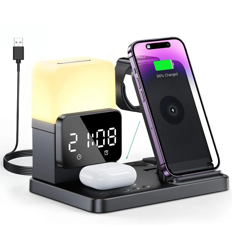 6 v 1 bezdrôtovej nabíjačke Alarm Glack Lamp Skladacie nabíjacie stanica na nabíjanie pre iPhone 14 13 12 11 Pro Max Iwatch 8 7 AirPods