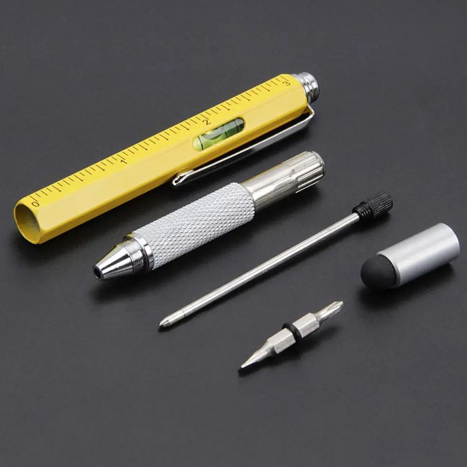 6 v 1 DIY pero na úrovni merača nástroja s mierkou gadget guľôčkový pero s plochým čepeľom skrutkovač skrutkovač kapacitatívne pero