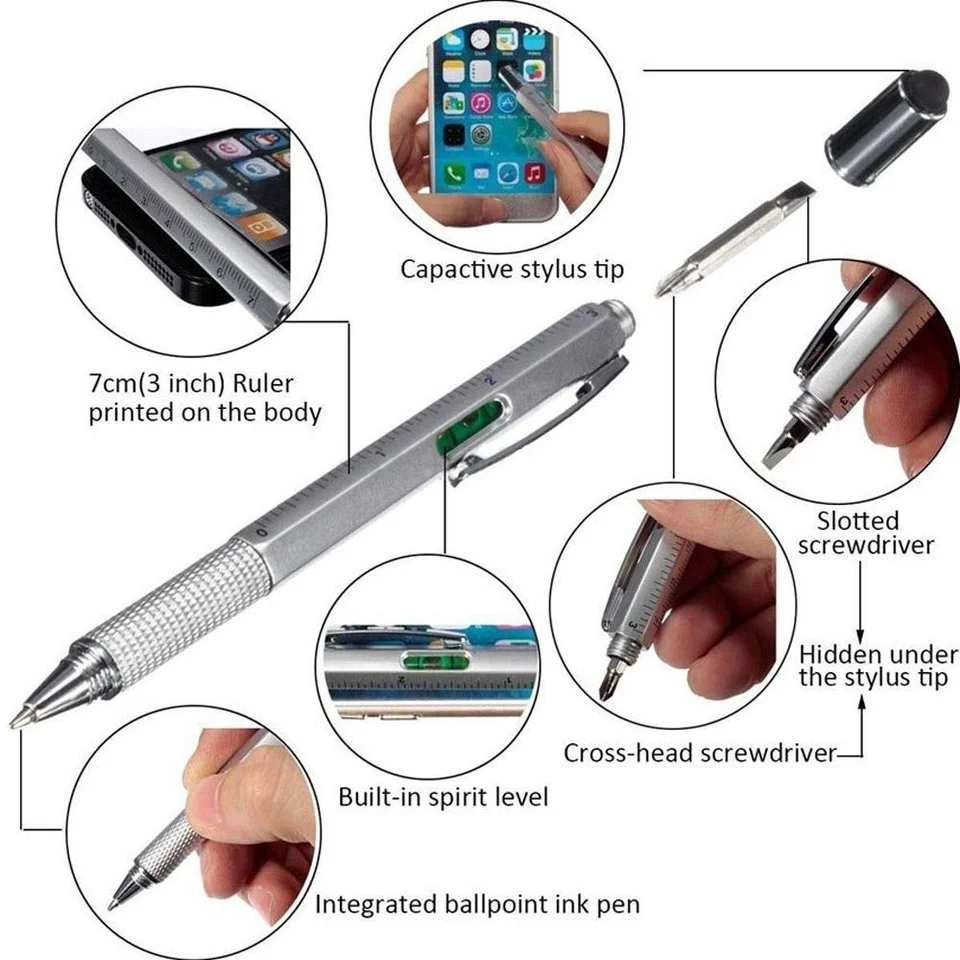 6 v 1 dotykový gallpoint stylus pero s pravidlom na úrovni Spirit Screwdriver Tool Office School Supplies Ručné náradie
